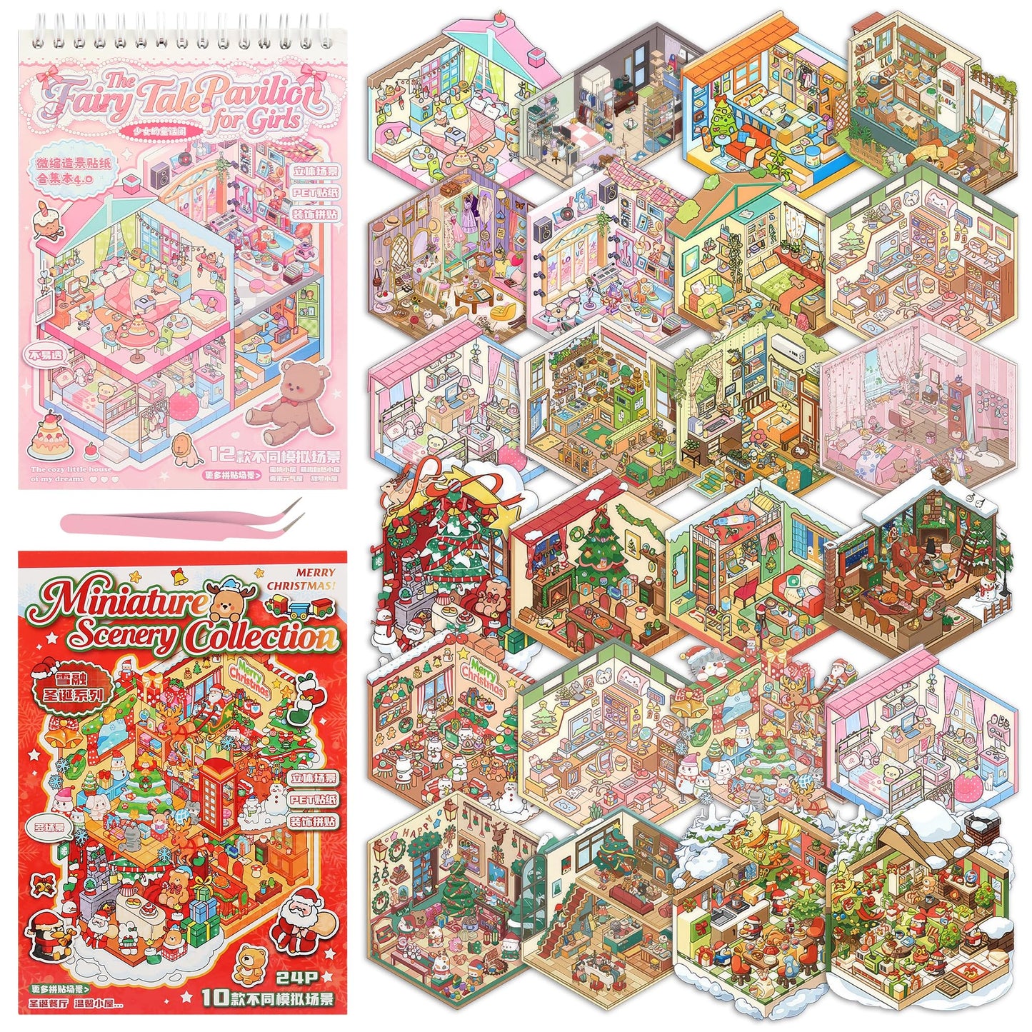 22 Set Medium 3D Room Scene Sticker Book for Adults and Kids (>6),DIY Activity Miniature Cute Japanese asmr Scenic Therapy Collection Book,Kawaii Cozy