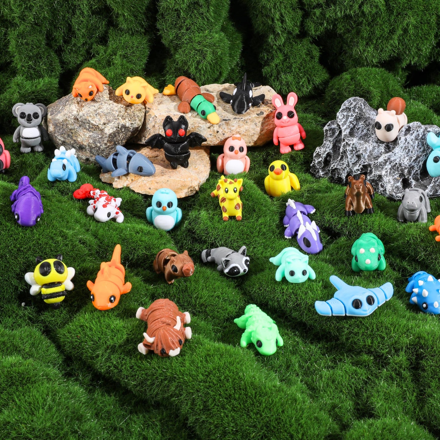 MONJITA 35 pcs Mini 3D Printed Animal Figurines, Flexible Articulated Fidget Toys, Cute Desk Decor, Party Favors, Goodie Bag Stuffers, Gifts for Kids