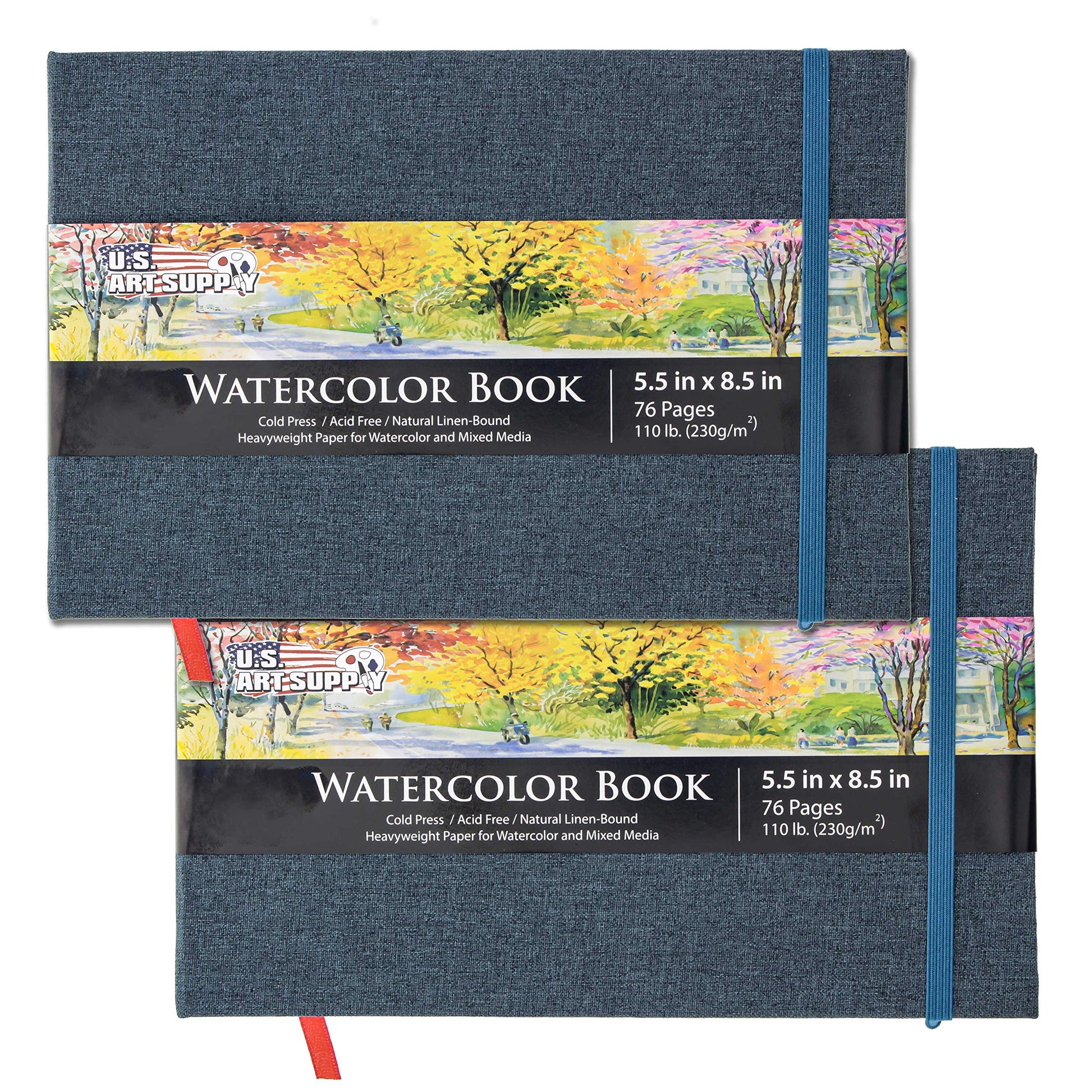 U.S. Art Supply 5.5" x 8.5" Watercolor Book (2 Pack, 76 Sheets Each) - 110lb (230 GSM) Linen-Bound Hardcover Artist Paper Pads - Acid-Free