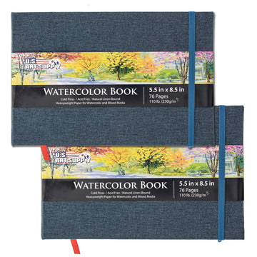 U.S. Art Supply 5.5" x 8.5" Watercolor Book (2 Pack, 76 Sheets Each) - 110lb (230 GSM) Linen-Bound Hardcover Artist Paper Pads - Acid-Free