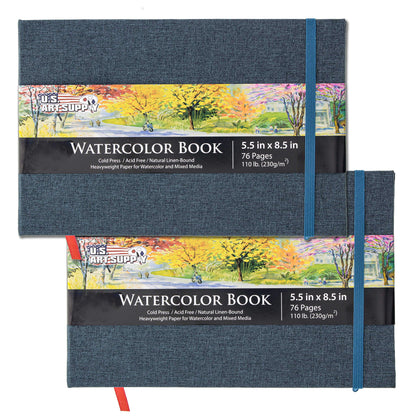 U.S. Art Supply 5.5" x 8.5" Watercolor Book (2 Pack, 76 Sheets Each) - 110lb (230 GSM) Linen-Bound Hardcover Artist Paper Pads - Acid-Free