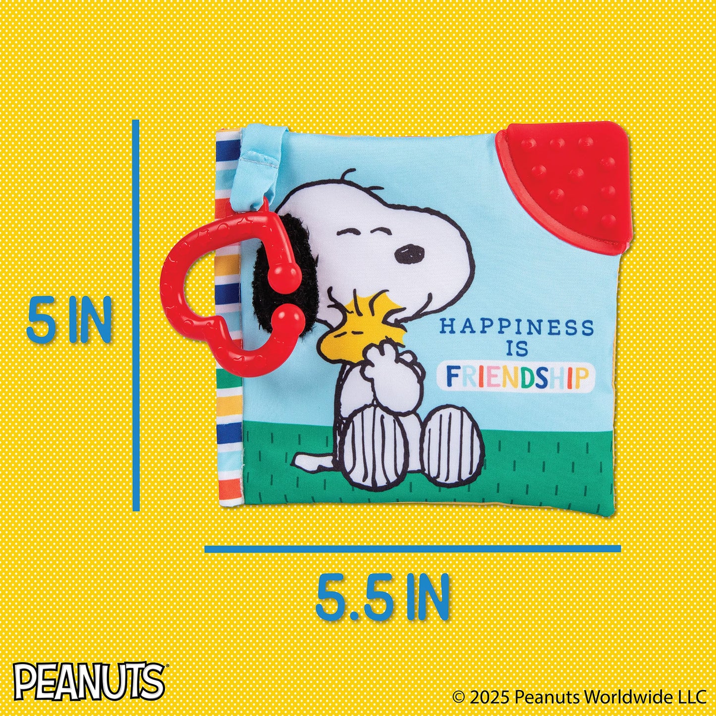 Kids Preferred Peanuts Snoopy Baby Stuff Fun Crinkle Book with On The Go Travel Clip Teether Soft Sensory Book for Babies & Toddlers, 5.25x5.25 Inches