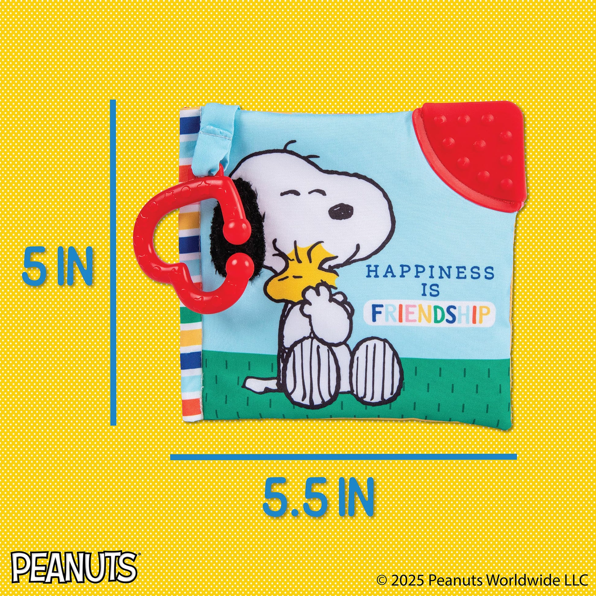 Kids Preferred Peanuts Snoopy Baby Stuff Fun Crinkle Book with On The Go Travel Clip Teether Soft Sensory Book for Babies & Toddlers, 5.25x5.25 Inches