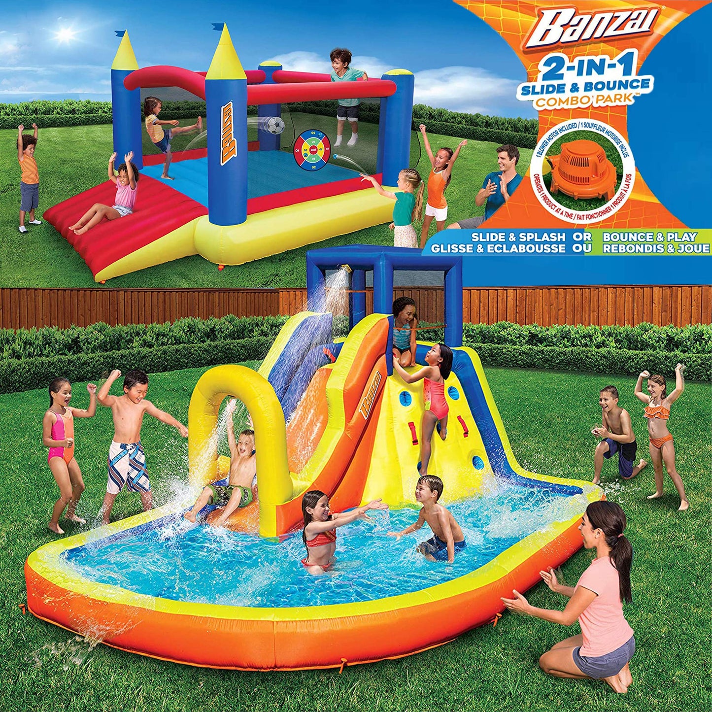 BANZAI Inflatable 13' Water Slide Park Plus 12' Bounce House 2 for 1 Value Pack w Free Air Blower- Inflates in Under 2min- Heavy Duty Kids Adventure