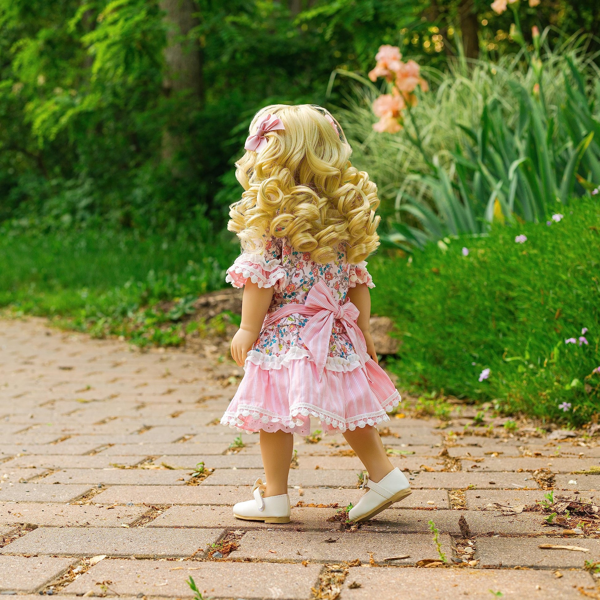 THE QUEEN'S TREASURES 18 Inch Doll Clothes, Little House on The Prairie Pink Floral Dress with Hair Bows, and Pantaloons, Compatible for Use