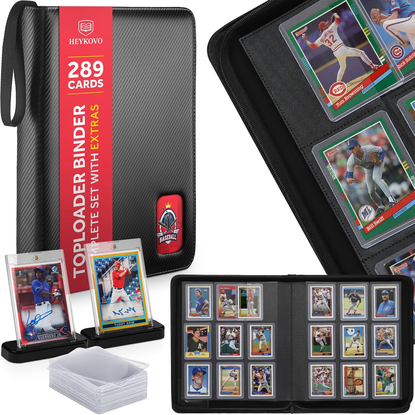 HEYKOVO Top Loader Binder 289 Cards I with 20 Toploaders and 2 Stands I Black Carbon PU Toploader Binder holds 3x4 inch Baseball, Football, Sports