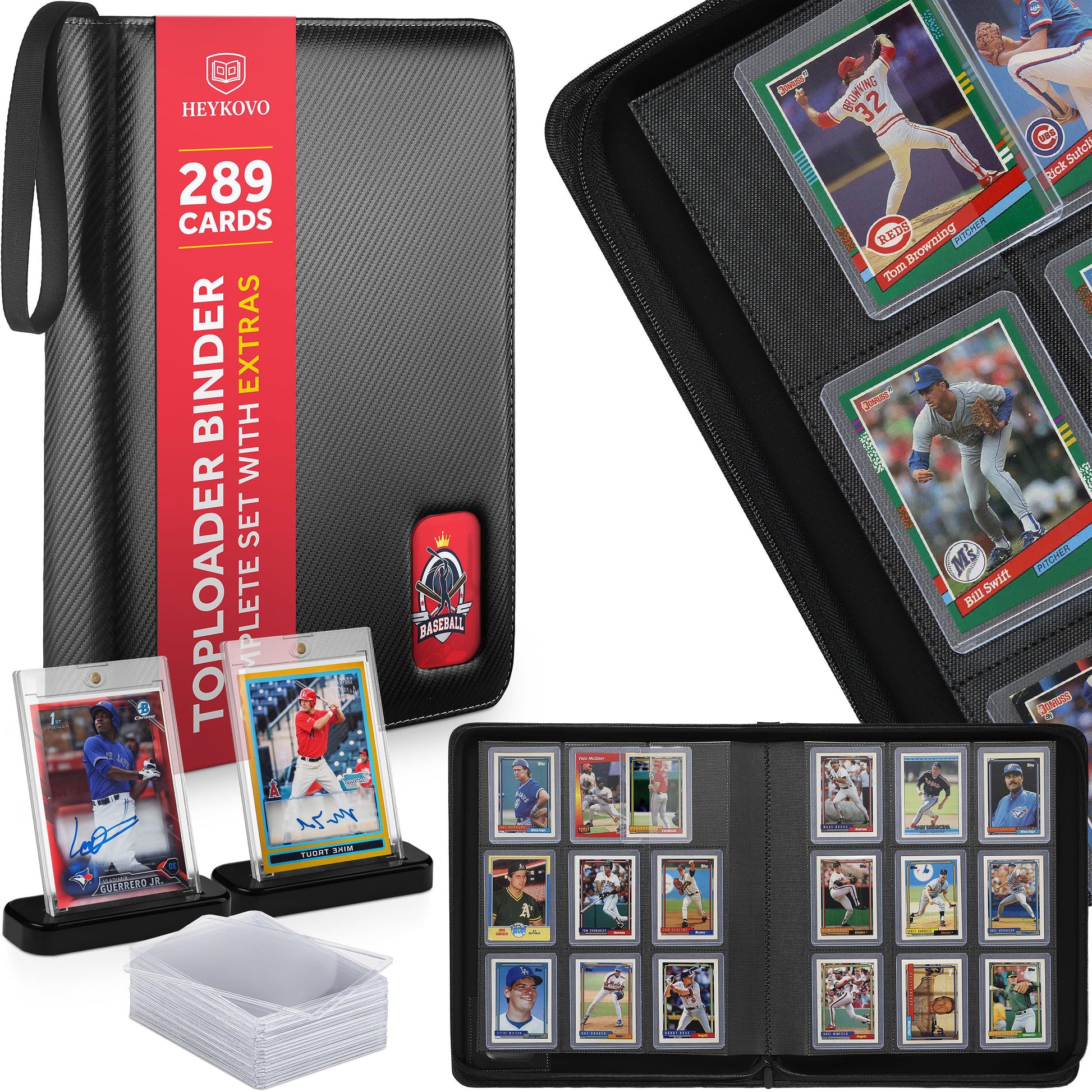 HEYKOVO Top Loader Binder 289 Cards I with 20 Toploaders and 2 Stands I Black Carbon PU Toploader Binder holds 3x4 inch Baseball, Football, Sports