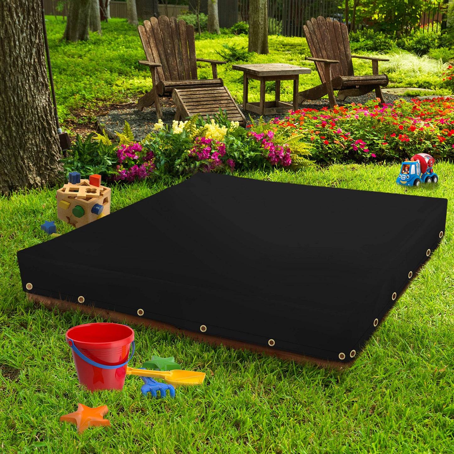 Sandbox Cover 18 Oz Waterproof - Sandpit Cover 100% Weather Resistant with Metal Grommets (50" W x 50" D x 8" H, Black)