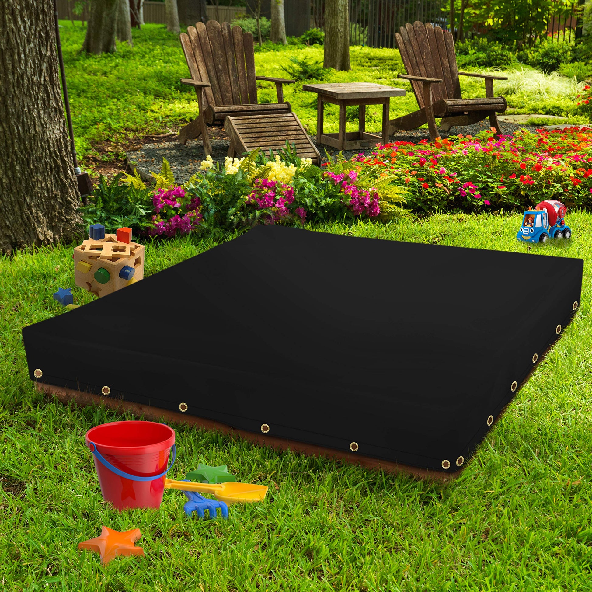 Sandbox Cover 18 Oz Waterproof - Sandpit Cover 100% Weather Resistant with Metal Grommets (50" W x 50" D x 8" H, Black)