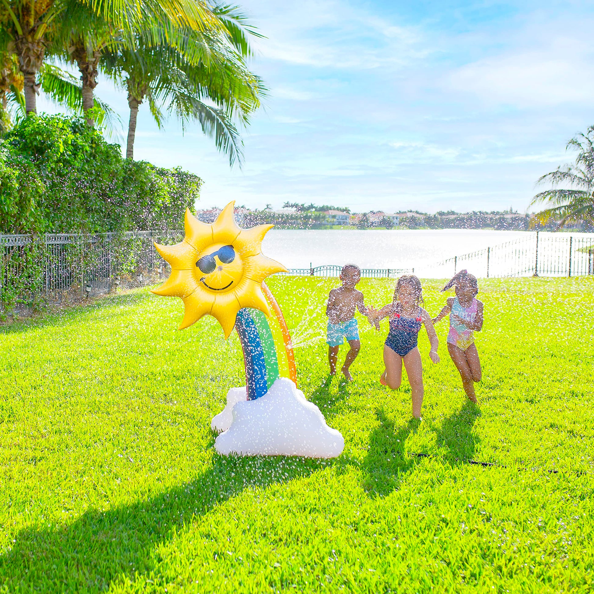 PoolCandy 5-Foot Giant Inflatable Rainbow Sprinkler - Sun Shower Backyard Water Toy for Kids & Adults, Garden Hose Splash Play for Summer Parties