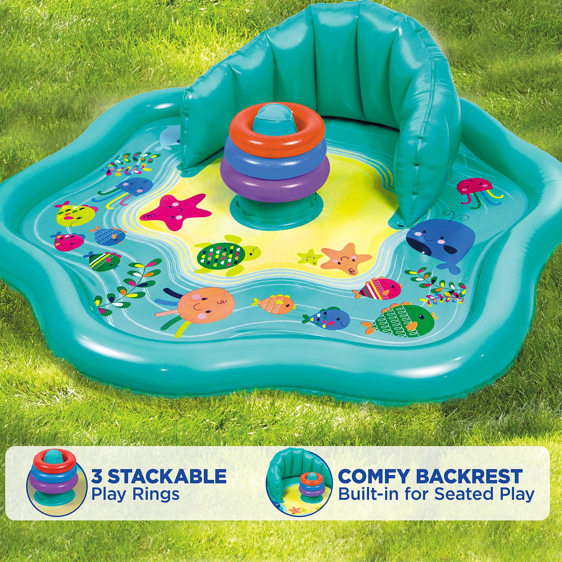 SwimSchool Baby Splash Play Mat with Adjustable Canopy - Inflatable Play Pool for Babies & Infants with Backrest - Includes Baby Water Toy Rings
