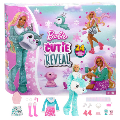 Barbie Cutie Reveal Advent Calendar & Doll, Blue & Pink Hair, 25 Surprises Include Clothes, Accessories & Color-Change Pets, Holiday Toy for Kids