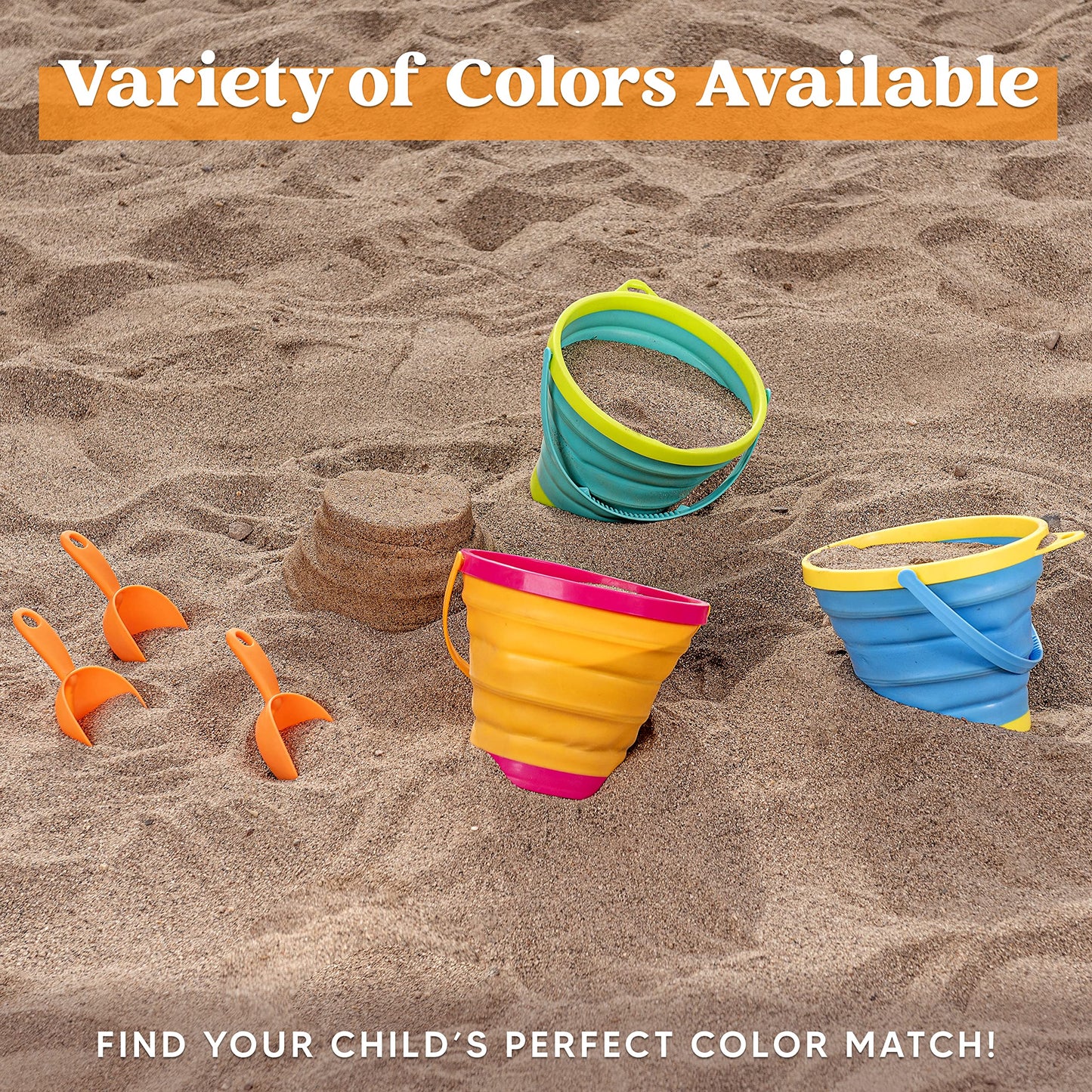 JOYIN 3 Packs Foldable Pail Bucket with Shovels & Mesh Bag, Collapsible Buckets Multi Purpose for Beach, Camping Gear, Beach Party, Fishing, and Fun