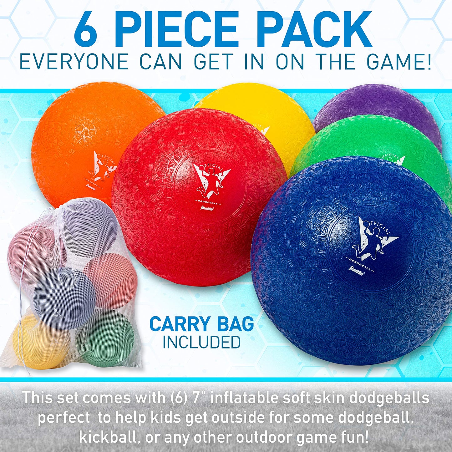 Franklin Sports Kids Dodgeballs - 6 Pack of 7 Inflatable Playground Balls for Kickball, Dodgeball and More - Soft Cover - Pump and Carry Bag Included