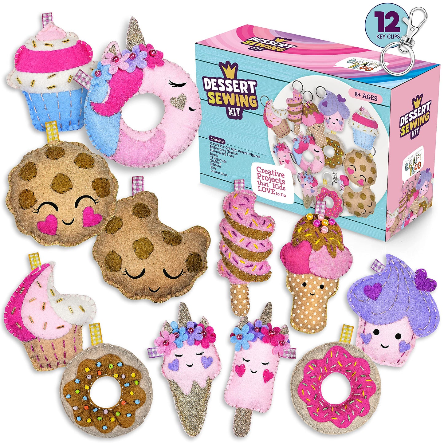 12 Pre-Cut Mini Treats Dessert Fun Kids Sewing Kit for Kids Ages 8-12 Children Beginners Sewing kit Kid Crafts Make Your Own Felt Pillow Plush Craft