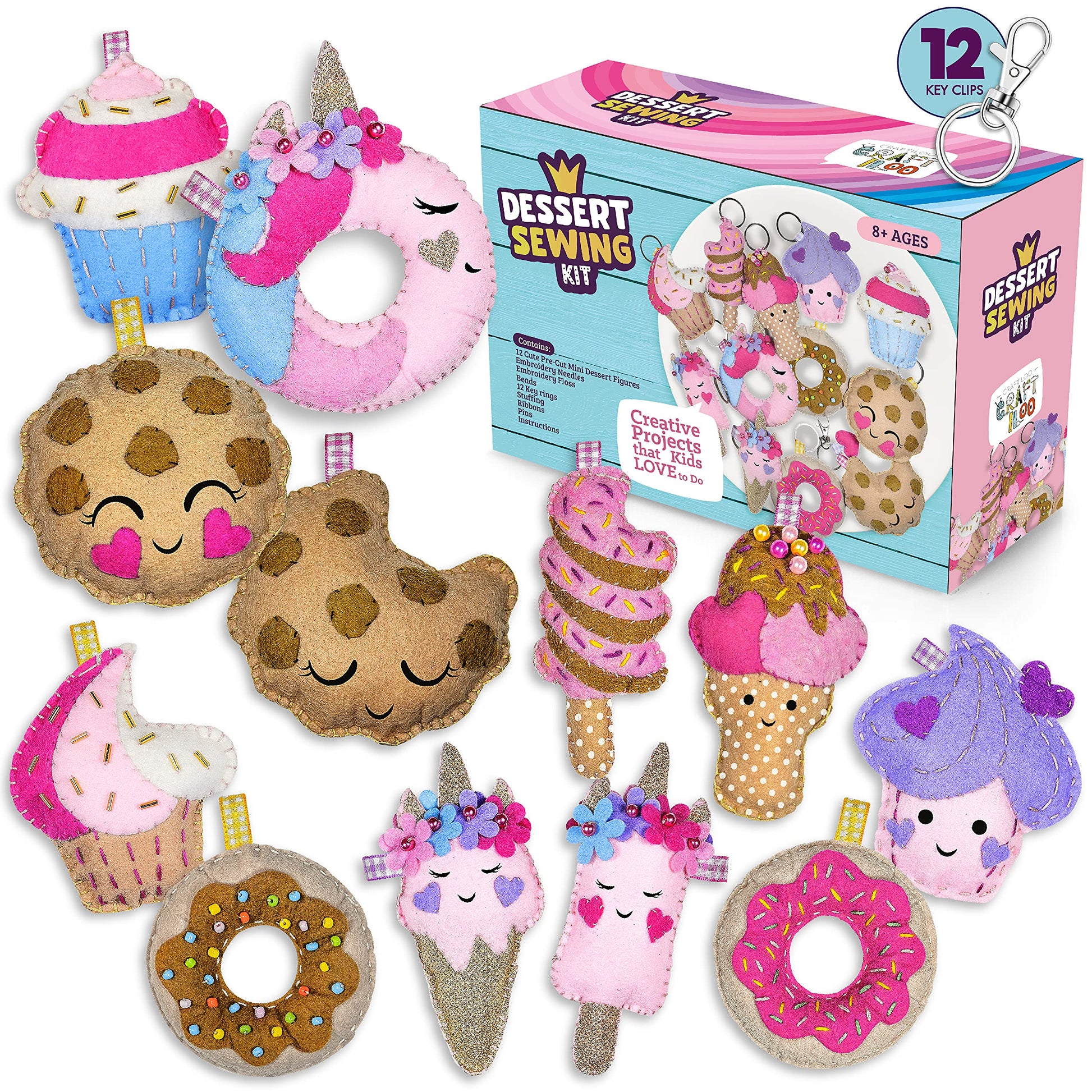 12 Pre-Cut Mini Treats Dessert Fun Kids Sewing Kit for Kids Ages 8-12 Children Beginners Sewing kit Kid Crafts Make Your Own Felt Pillow Plush Craft