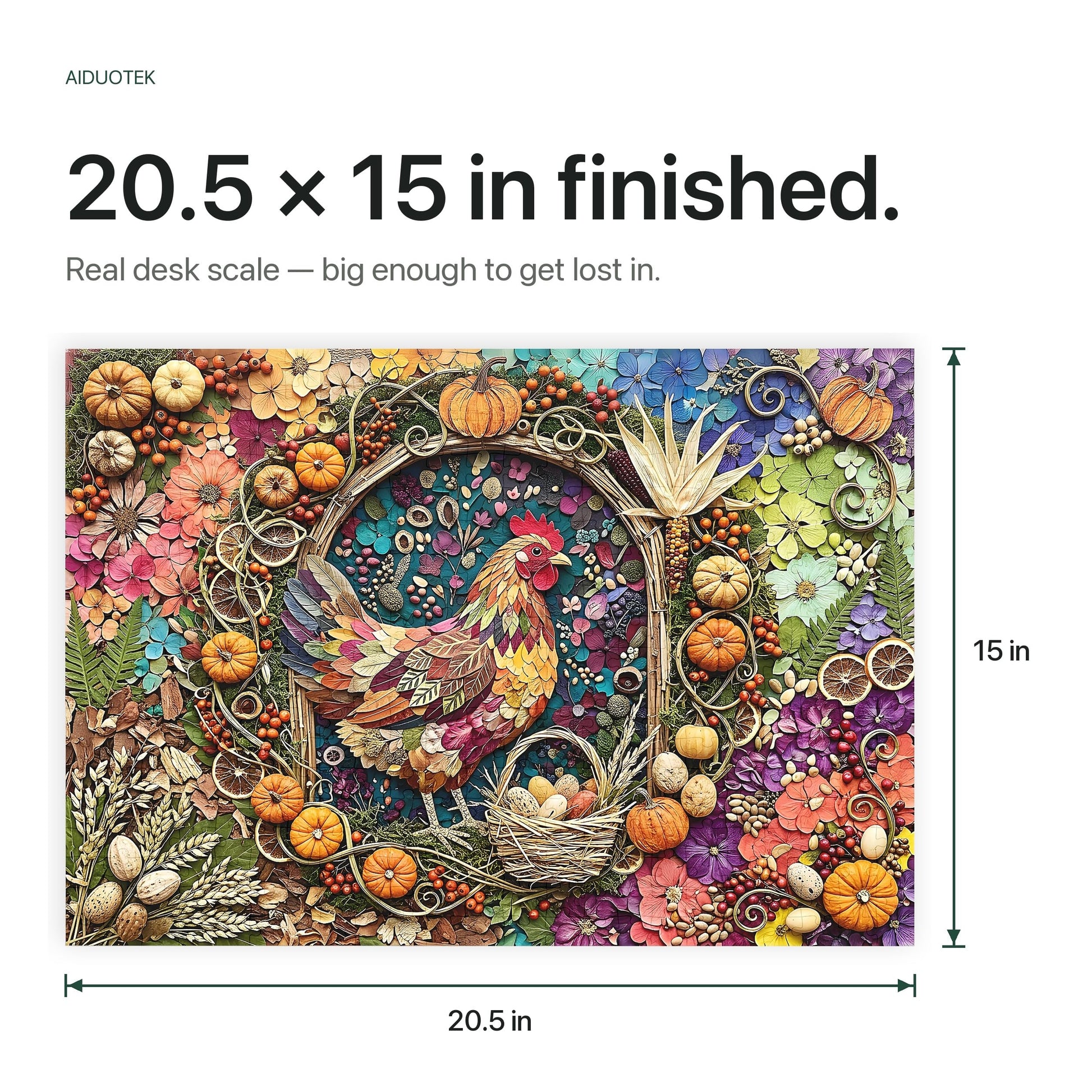 Farmhouse Harvest Garden Collage 500 Piece Jigsaw Puzzle for Adults, Colorful Folk Art Chicken Puzzle with Pumpkins and Flowers, 20.5 x 15 in