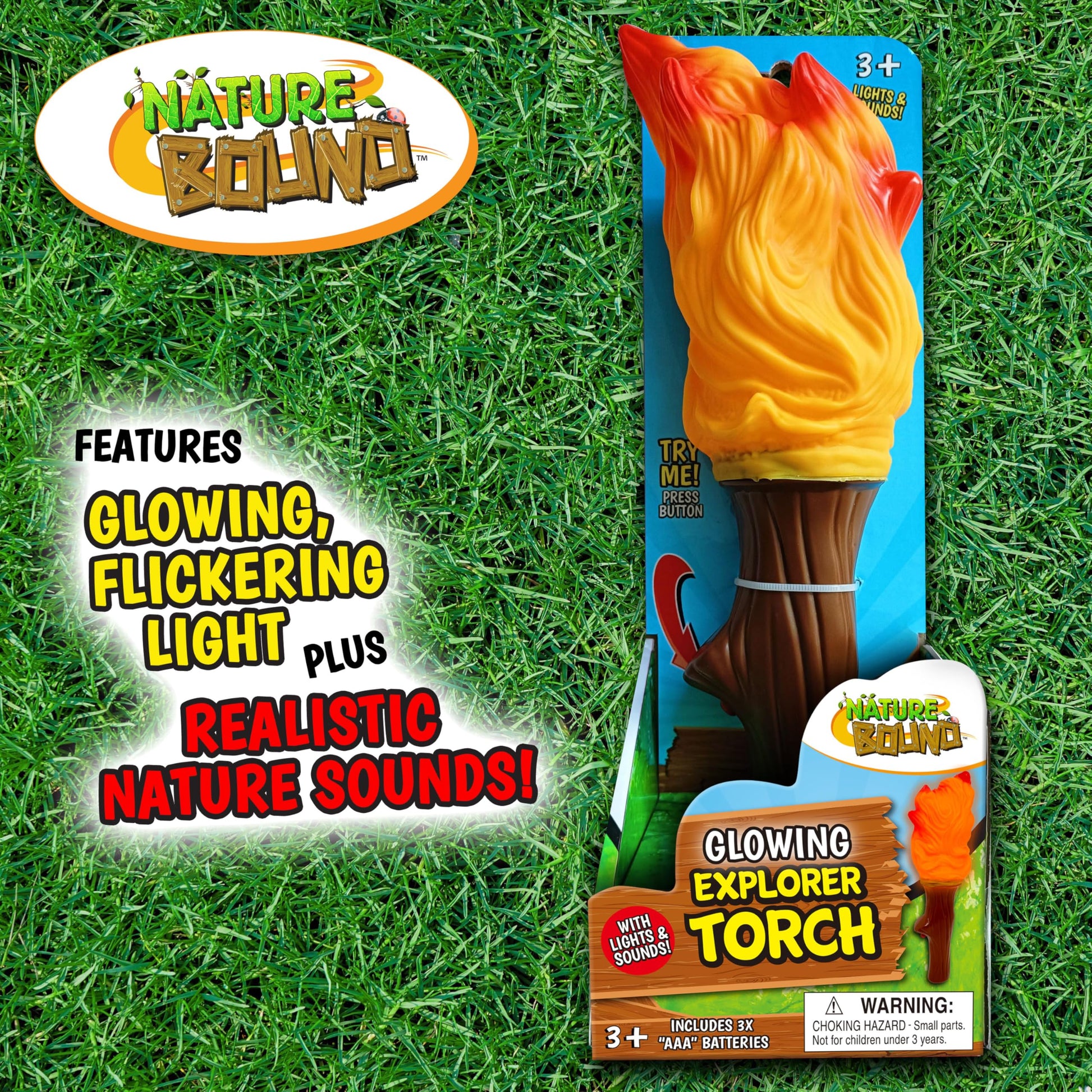 Nature Bound Explorer Torch Campfire Light: Glowing & Flickering Light with Nature Sound Effects - Indoor & Outdoor Play, Camping Adventures,