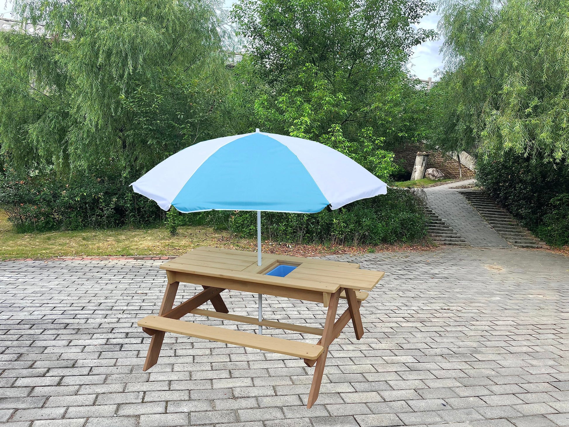 BTExpert Kids 3-in-1 Sand Water Activity Table Wooden Outdoor Convertible Picnic Table Bench Adjustable Umbrella Removable Top 2 Play Boxes Toy Set 37