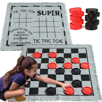 3-in-1 Vintage Giant Checkers, Tic, Tac, Toe, with Reversible Mat, 24 Chips, Family Board Game, Lawn Game, BBQ Party Favor, Indoor and Outdoor