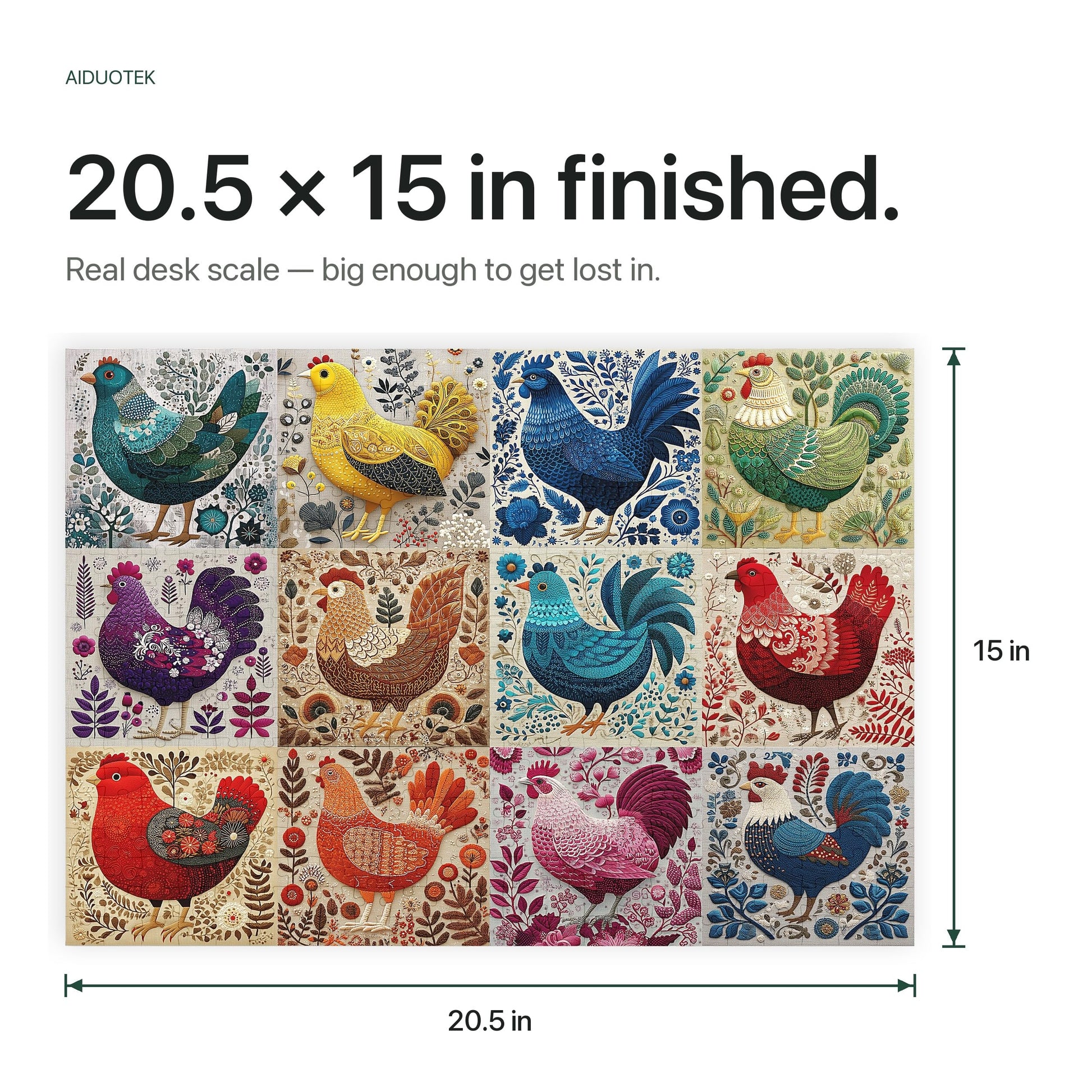 Folk Art Rooster Chicken 500 Piece Jigsaw Puzzle for Adults, Colorful Farmhouse Botanical Embroidery Style Animal Puzzle, 20.5 x 15 in