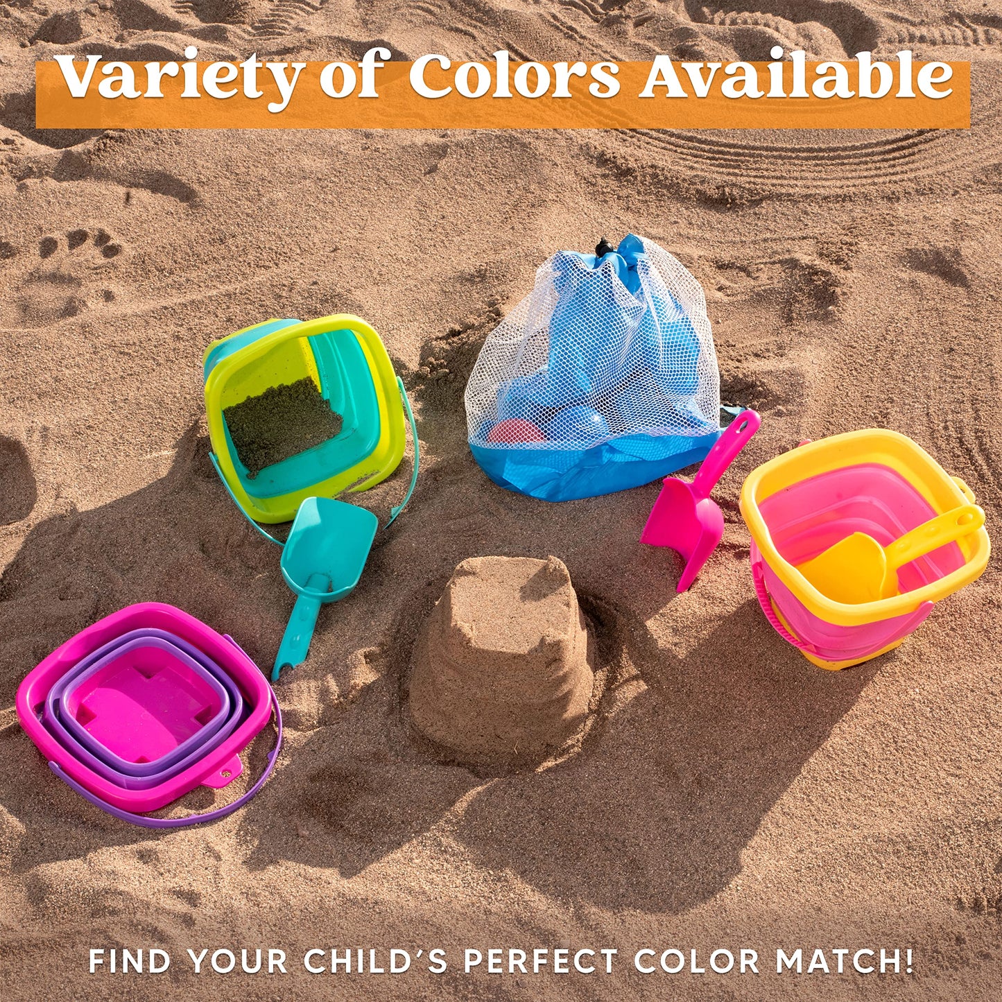 Sloosh 3 Packs Foldable Bucket - Collapsible Bucket with Sand Shovels and Mesh Backpack for Kids Toddlers Beach Toys, Easter Egg Hunt, Camping
