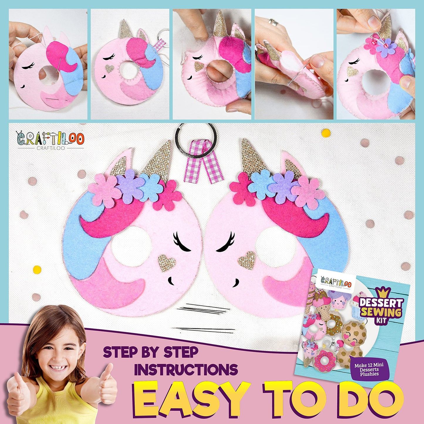 12 Pre-Cut Mini Treats Dessert Fun Kids Sewing Kit for Kids Ages 8-12 Children Beginners Sewing kit Kid Crafts Make Your Own Felt Pillow Plush Craft