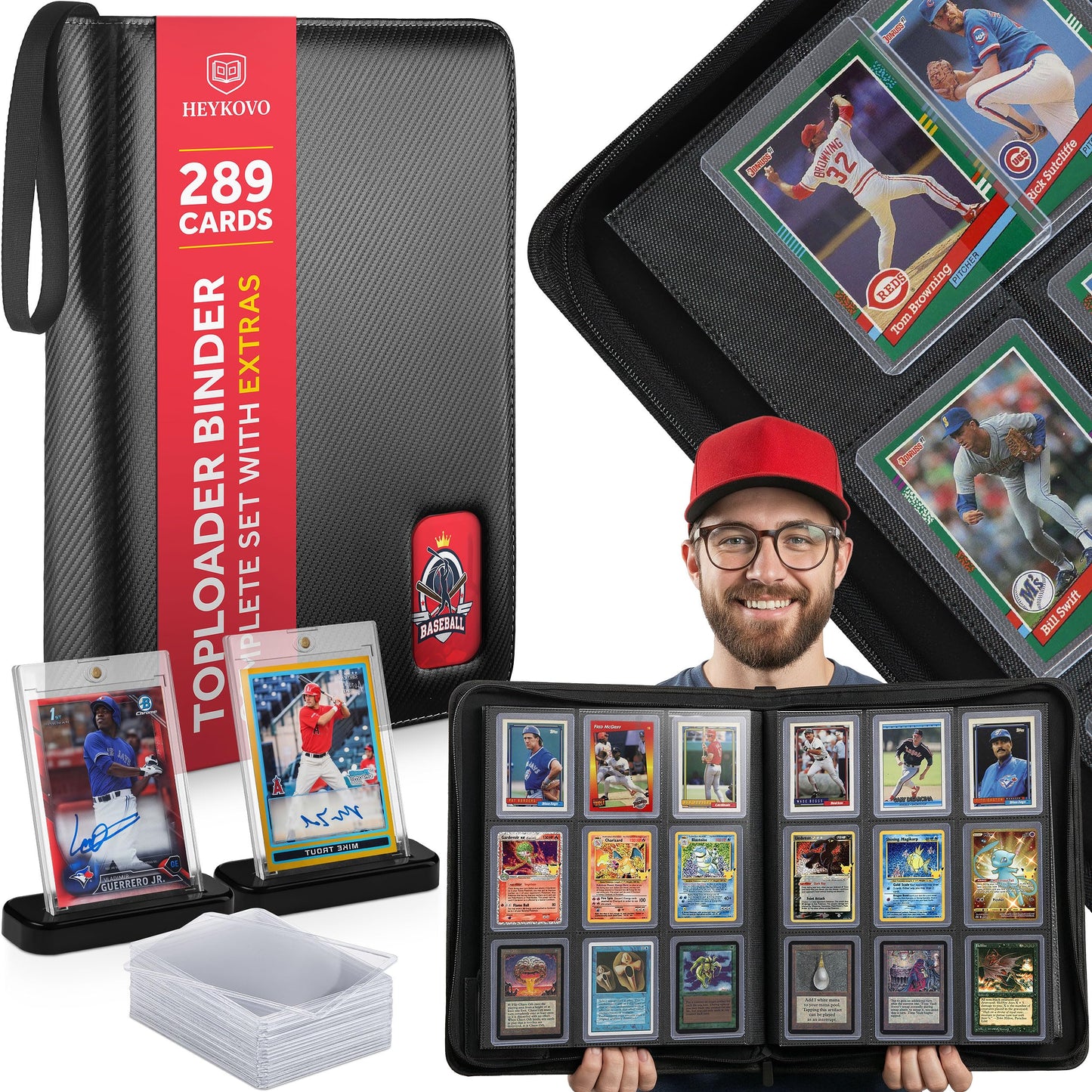 HEYKOVO Top Loader Binder 289 Cards I with 20 Toploaders and 2 Stands I Black Carbon PU Toploader Binder holds 3x4 inch Baseball, Football, Sports