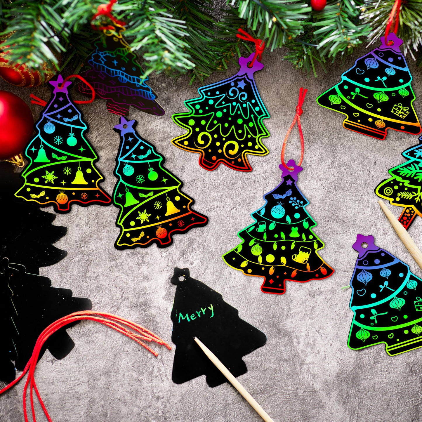 JOYIN 72 Pcs Christmas Scratch Art Ornaments, Rainbow Color Scratch Paper Off Craft Kit Includes Xmas Tree, Christmas Hanging Ornament for Kids