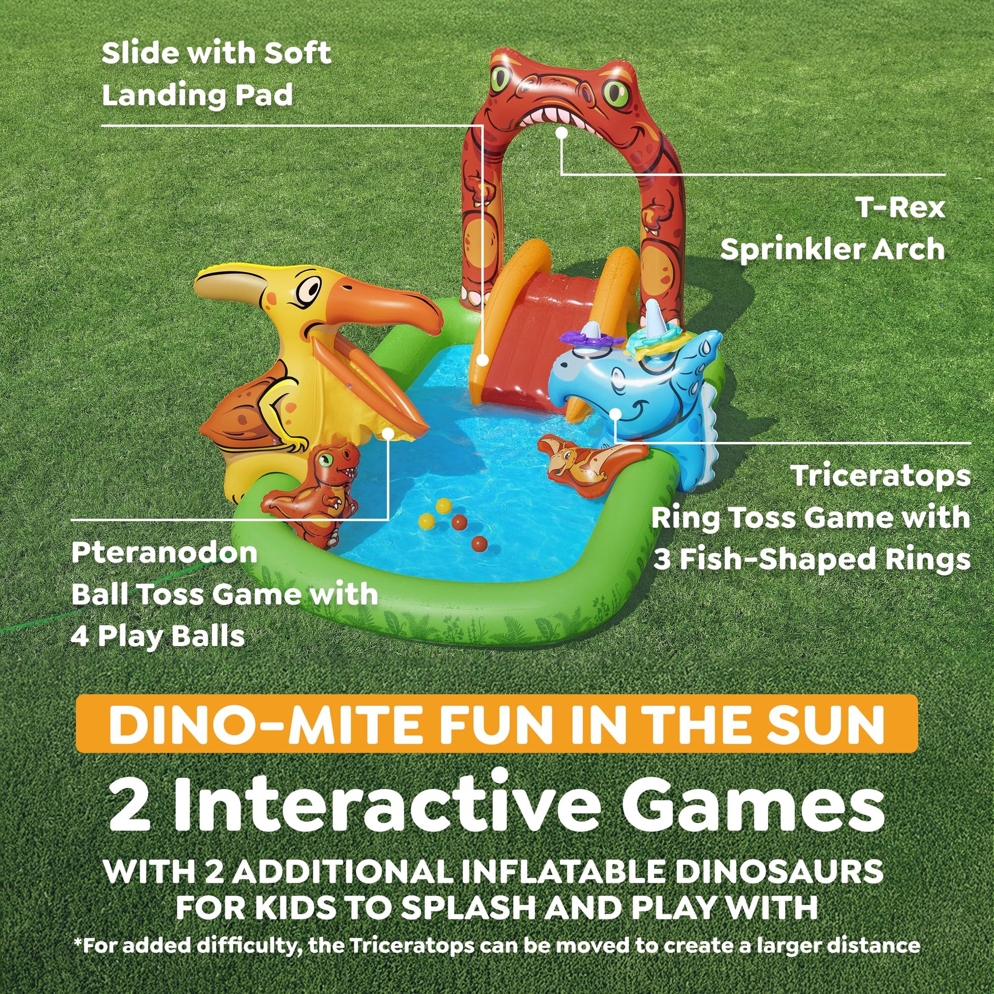 H2OGO! Jurassic Splash Inflatable Water Play Center, 7'11" x 55" x 54" Kids Outdoor Activity Center with Water Archway Slide, Games, & Splash Pool