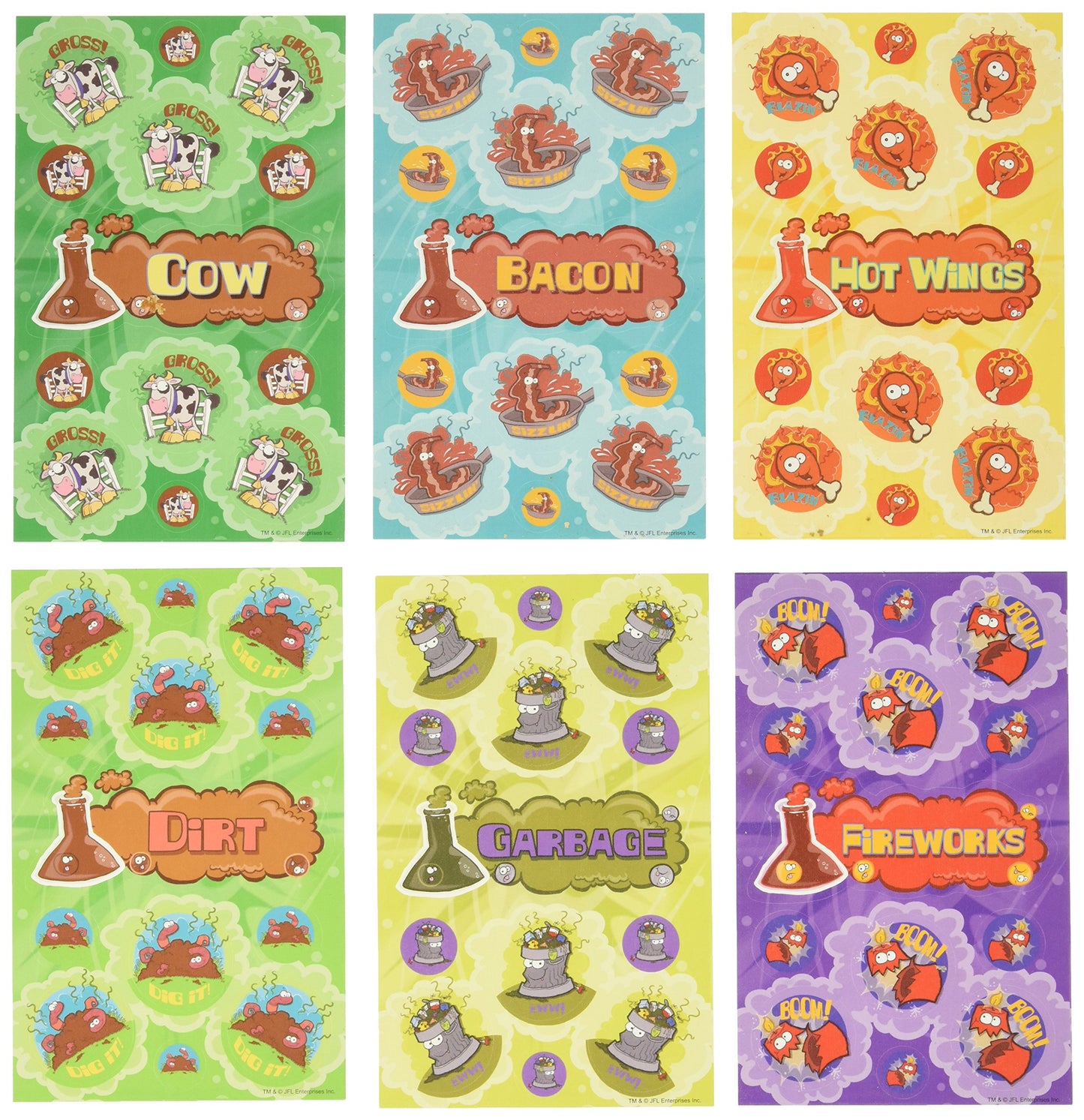 Just For Laughs Dr. Stinky's Scratch N Sniff Stickers 6-Pack, Cow, Bacon, Hot Wings, Dirt, Fireworks, Garbage, 162 Total