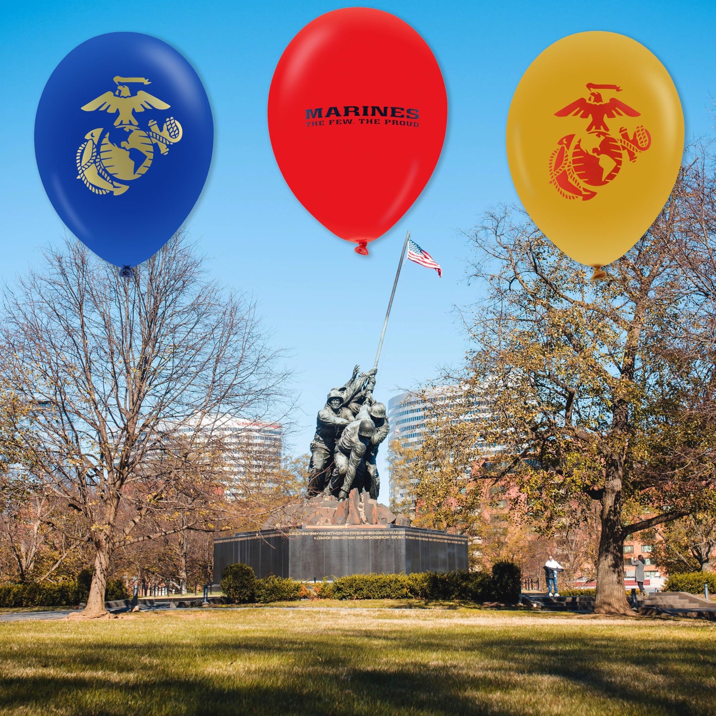 U.S. Marines Party Balloons (10pcs) 12” Latex Balloons in Red, Gold, and Blue with contrasting print on 2 sides. Officially Licensed by