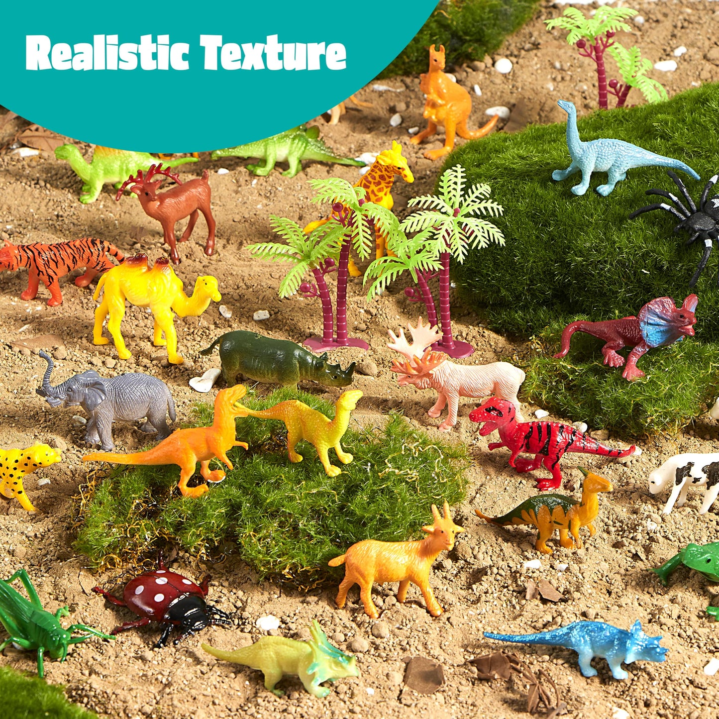 JOYIN 69 Pcs Small Animal Figures, Mini Jungle Toy Set with Sensory Bin, Realistic Wild Forest Playset, Zoo, Ocean, Farm Animals Figurines, Dinosaur