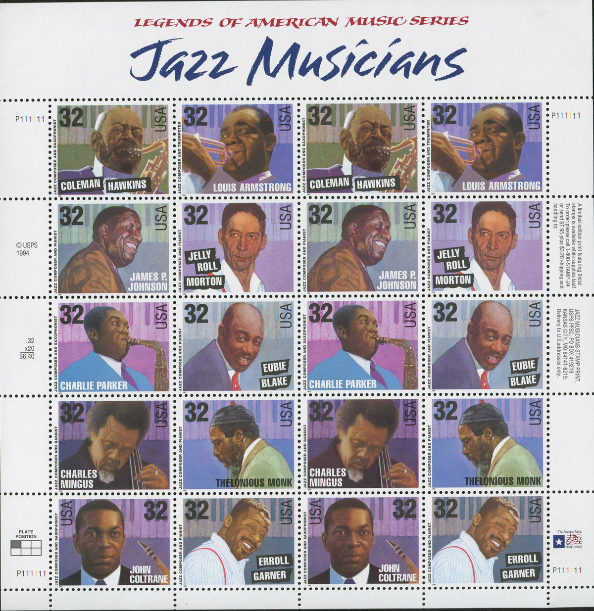 Jazz Musicians Sheet of Twenty 32 Cent Stamps Scott 2983-92