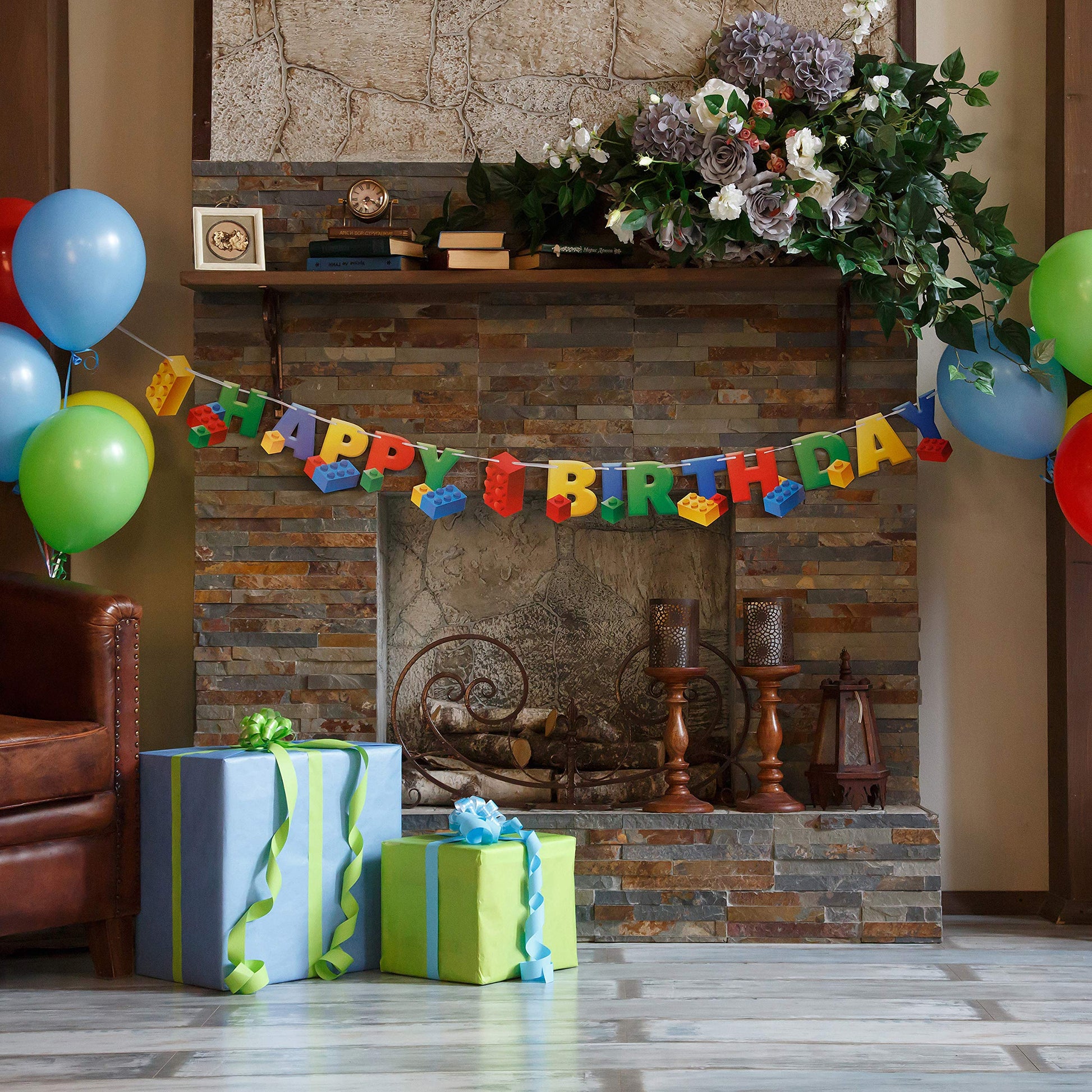 Building Block Birthday Party Banner, 7 ft Brick Theme Decorations