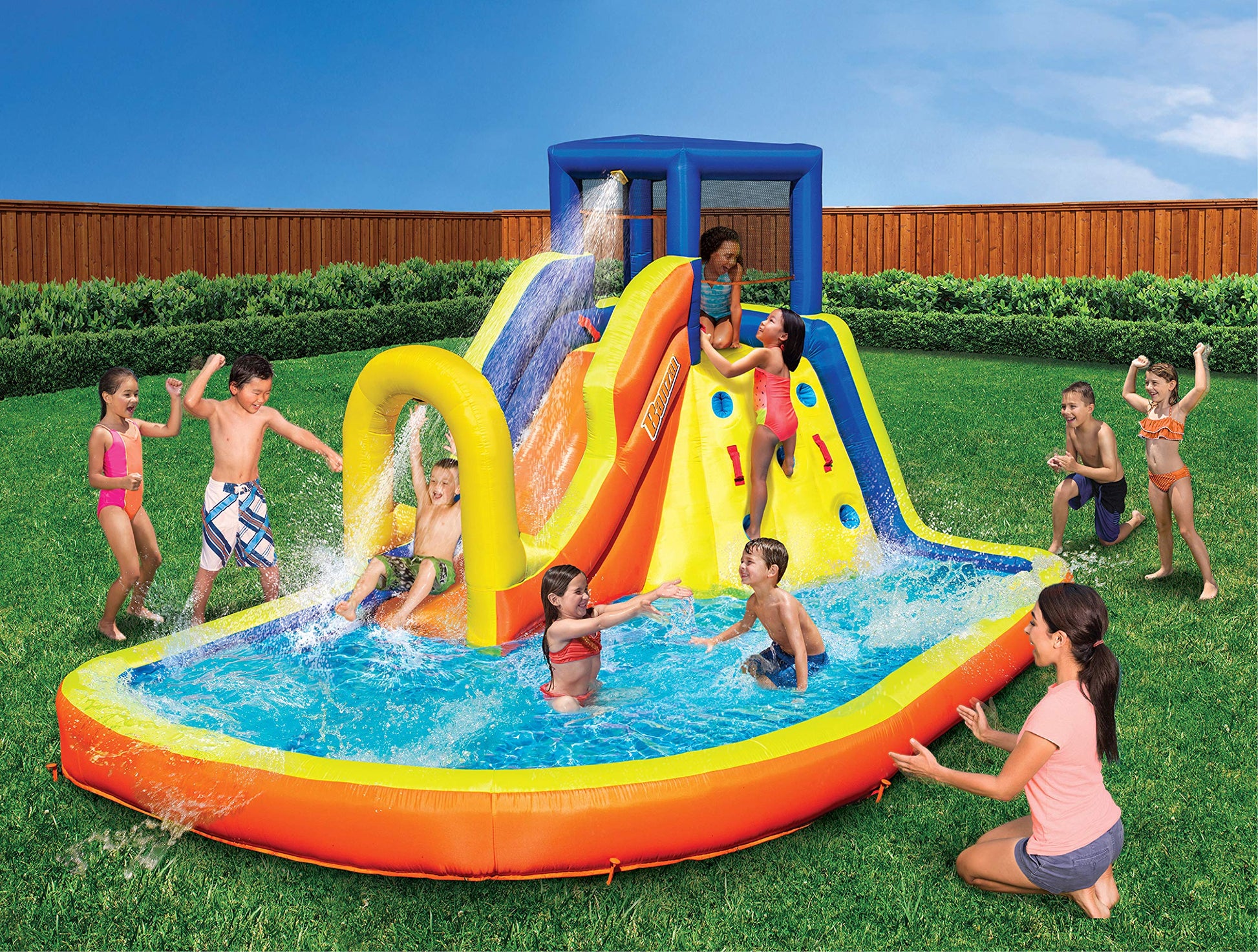 BANZAI Inflatable 13' Water Slide Park Plus 12' Bounce House 2 for 1 Value Pack w Free Air Blower- Inflates in Under 2min- Heavy Duty Kids Adventure