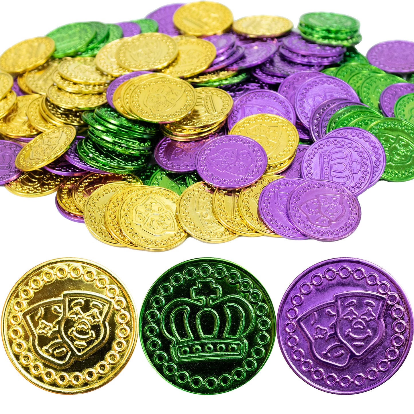 GiftExpress 144PC Mardi Gras Plastic Coins Assorted Metallic Gold Green Purple Mardi Gras Coins Bulk for Mardi Gras Parade, Party Favors