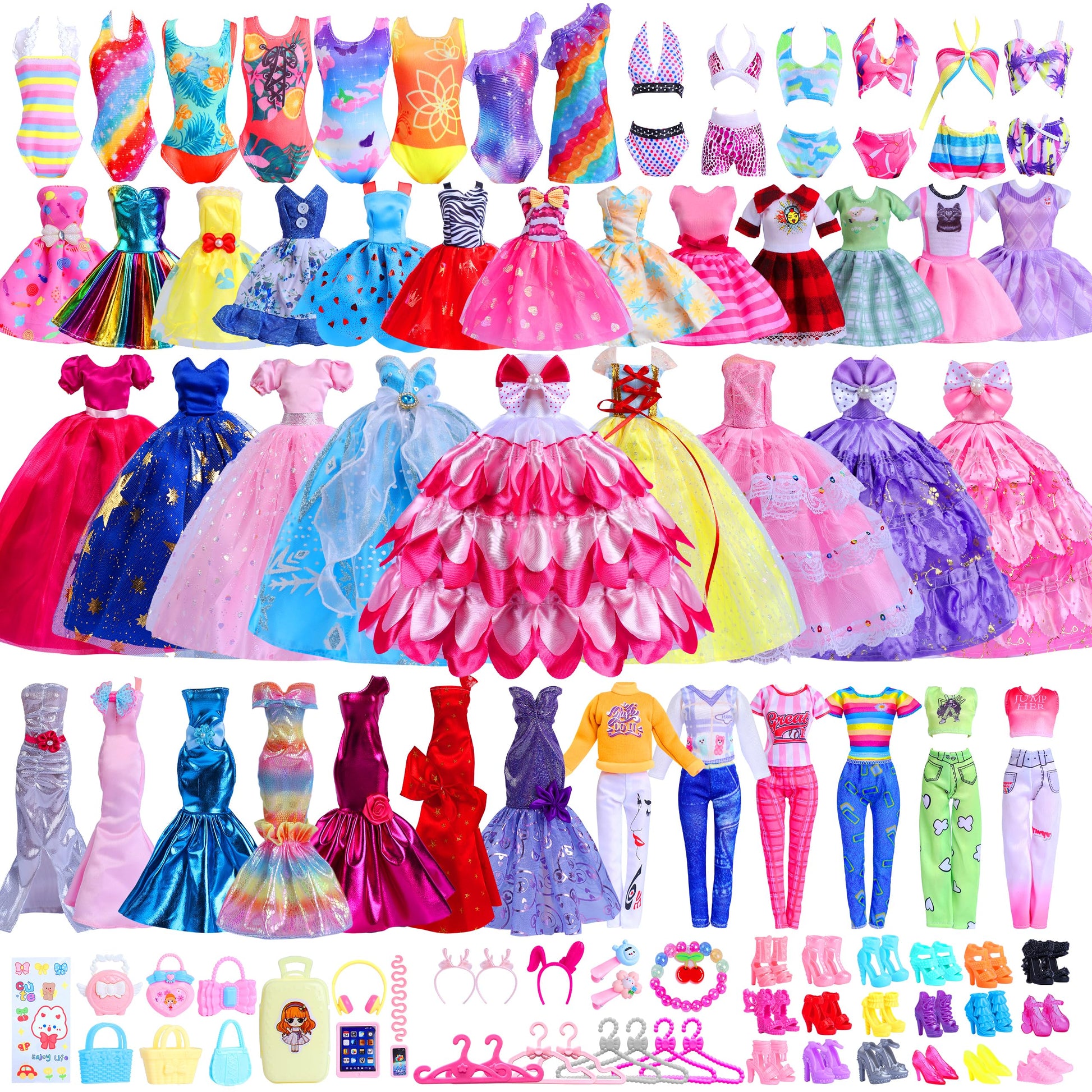 110PCS Doll Clothes and Accessories for 11.5 inch Dolls -Princess Gowns, Fashion Dresses, Slip Dresses, Top, Pants, Jumpsuit, Swimsuits, Shoes