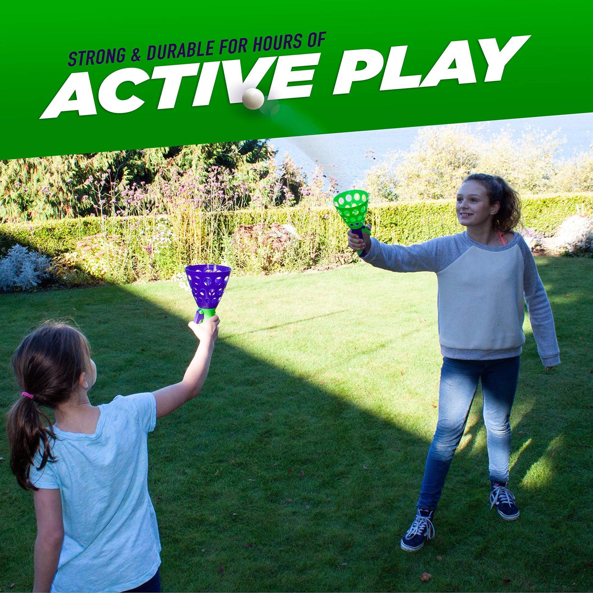 Geospace Original POP 'N Catch Family Skill Game with 2 Launchers - Launch & Catch The Ball for Hours of Fun! Perfect for Backyard, Beach or Tailgate