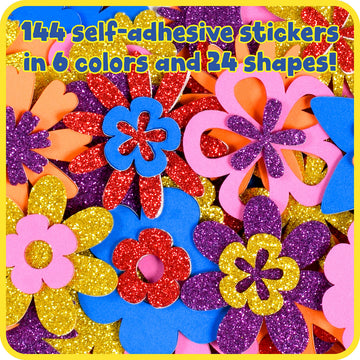 READY 2 LEARN Glitter Foam Stickers | Stacking Flowers | Pack of 144 | 6 Colors and 24 Shapes | Stackable, Self-Adhesive Stickers for Kids | Decorate