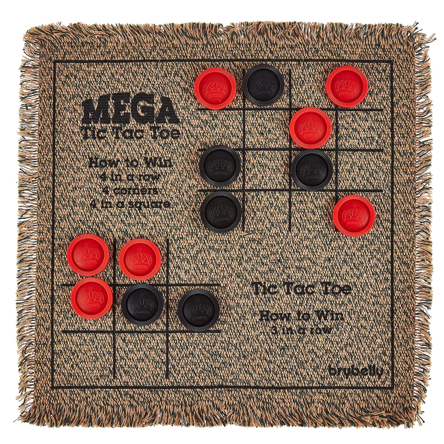 3-in-1 Mini Checkers Rug + Classic & Mega Tic Tac Toe - Portable Compact 12" x 12" Reversible Checkerboard Rug - Travel, Parties, Games on The Go