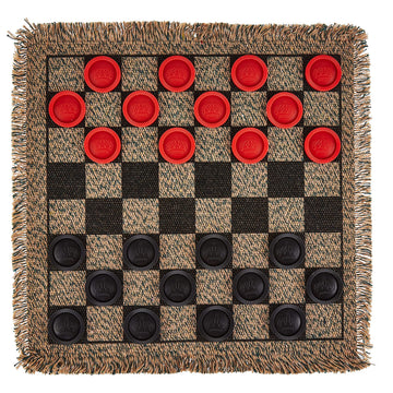 3-in-1 Mini Checkers Rug + Classic & Mega Tic Tac Toe - Portable Compact 12" x 12" Reversible Checkerboard Rug - Travel, Parties, Games on The Go
