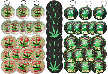 CBD Bundle 46 Items:30 Vinyl Sticker +10 Buttons and 6 Key Chain