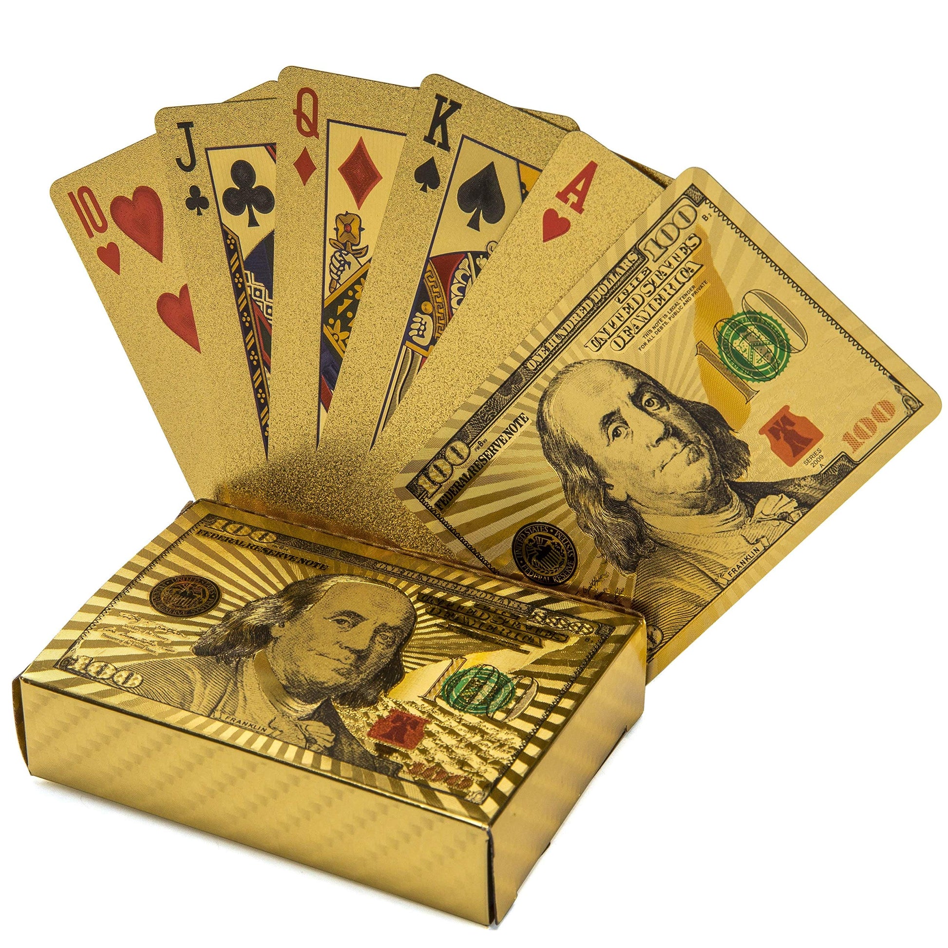 KALIFANO Luxury Gold Plated Playing Cards - $100 Bill Inspired Waterproof Gold Foil Deck of Cards with Uses from Magic to Poker with Certificate