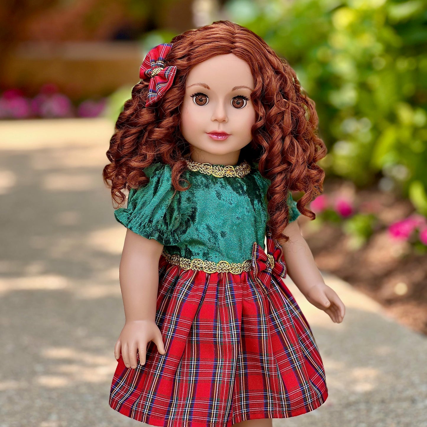 Christmas Classic - 3 Piece Outfit - Green and Red Party Dress, Red Shoes and Hair Bow - Clothes Fits 18 Inch Doll (Doll Not Included)