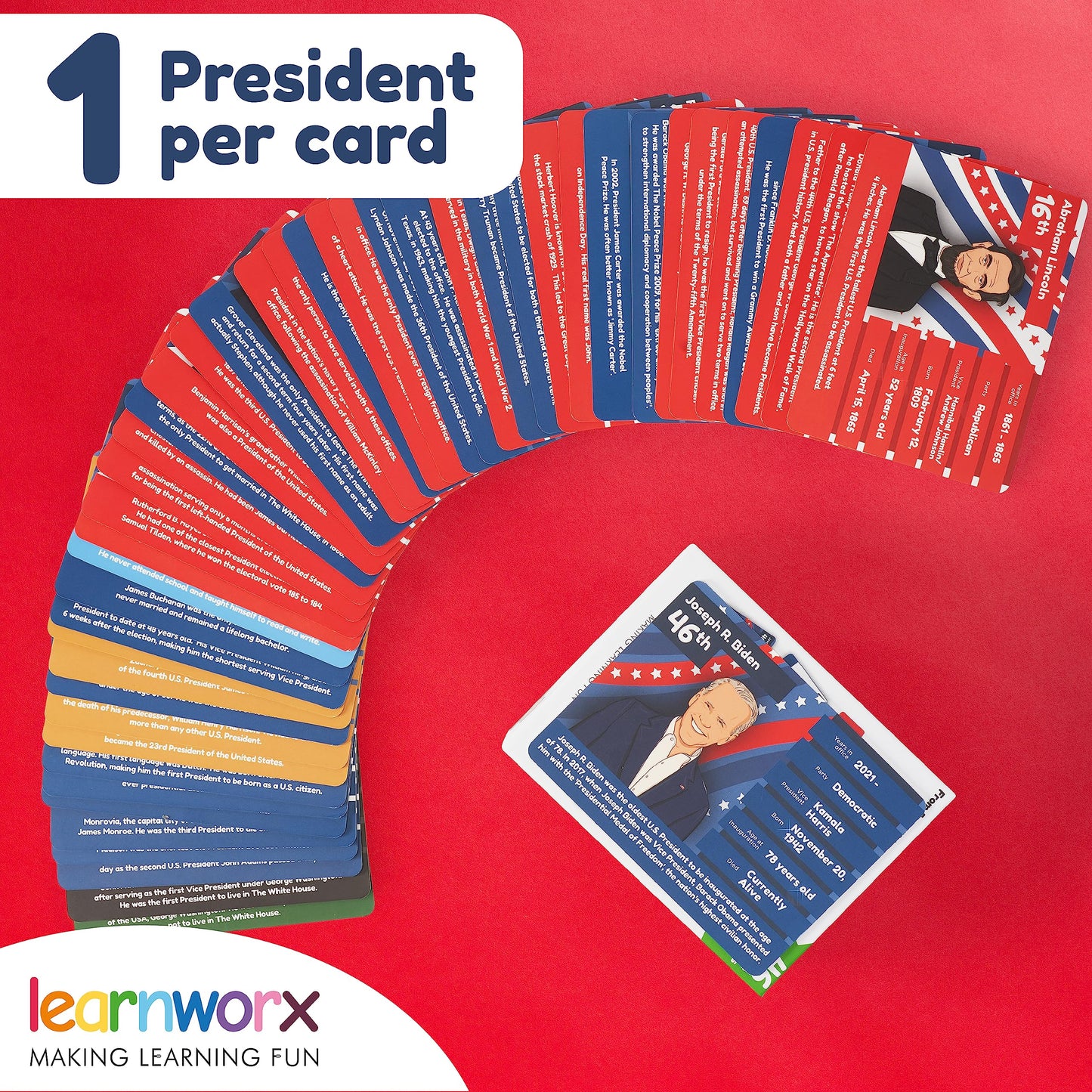 US Presidents for Kids Flash Cards -46 President Cards -Learn Presidents of The USA -Includes US Presidents Party & Vice President Facts -Gift - Ages