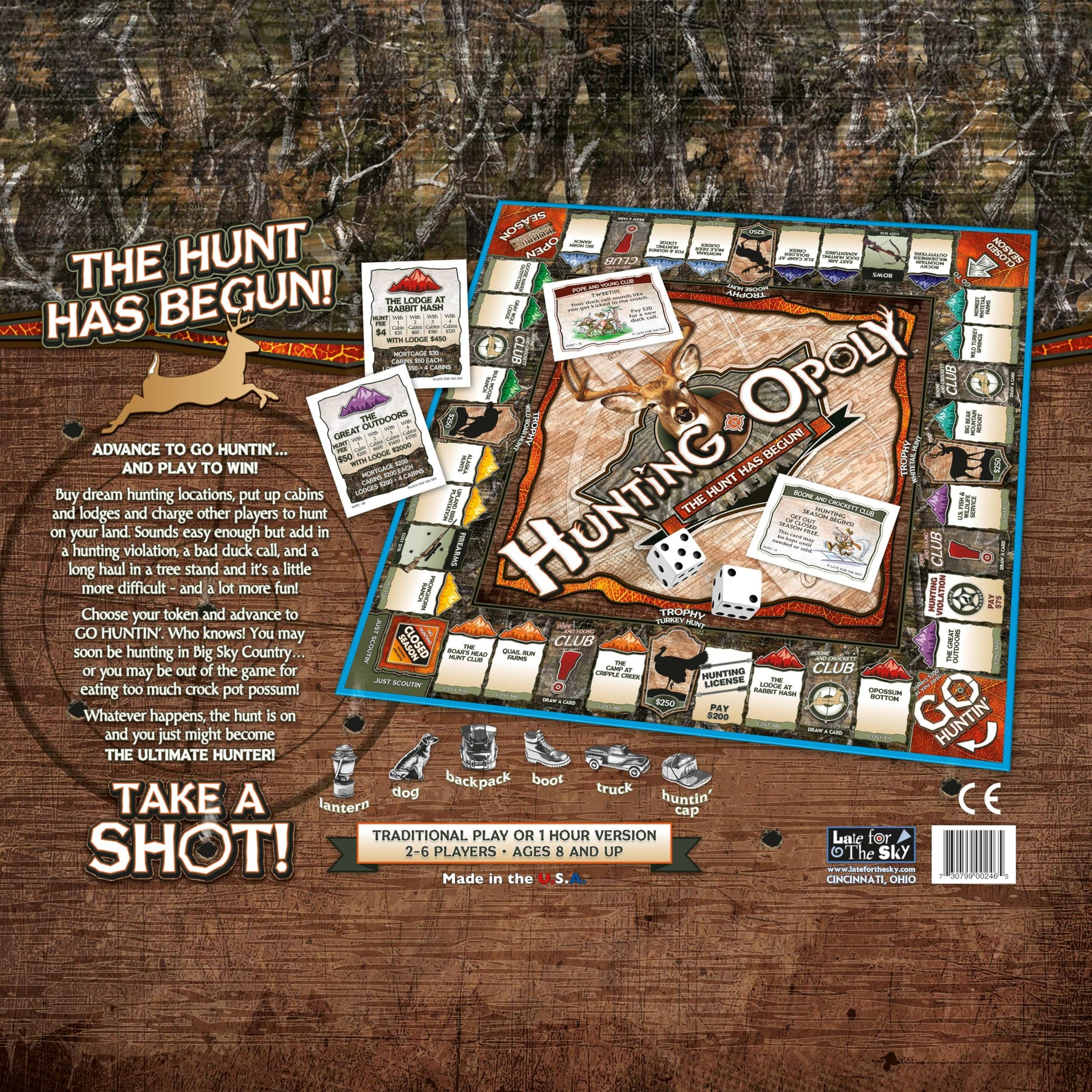 Late for The Sky Hunting-Opoly Board Game - Hunting Strategy Family Property Trading Game for 2-6 Players, Ages 8+, Tokens, Cabins & Lodges
