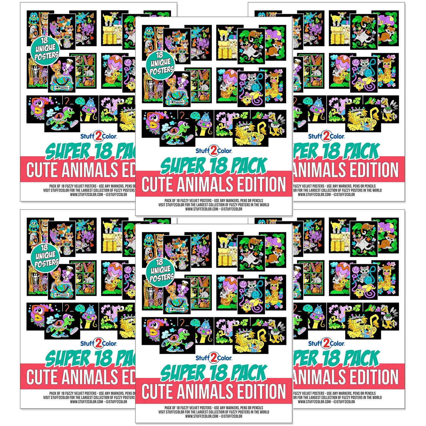 Stuff2Color Super Pack of 18 Fuzzy Coloring Posters (Cute Animals Edition) - Arts & Crafts Kit for Kids and Adults - Bulk Coloring Activity, Group