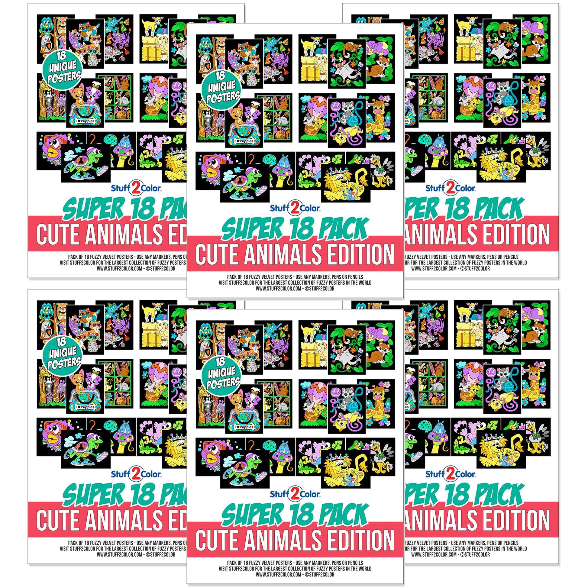Stuff2Color Super Pack of 18 Fuzzy Coloring Posters (Cute Animals Edition) - Arts & Crafts Kit for Kids and Adults - Bulk Coloring Activity, Group