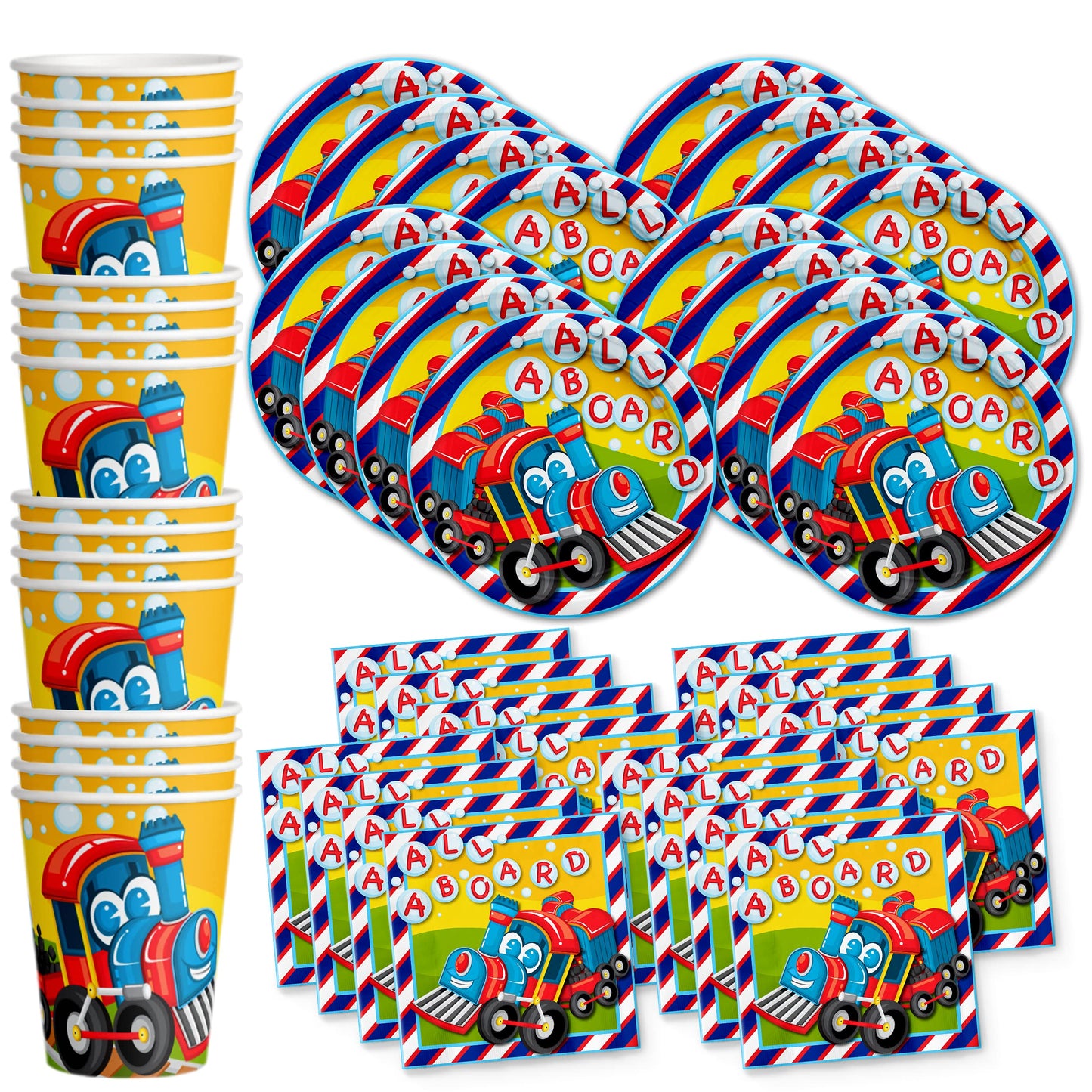 All Aboard! Train Birthday Party Supplies Set Plates Napkins Cups Tableware Kit for 16